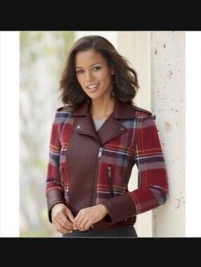 Monroe & Main Plaid Faux-Leather & Wool Moto Jacket - Sz 1X